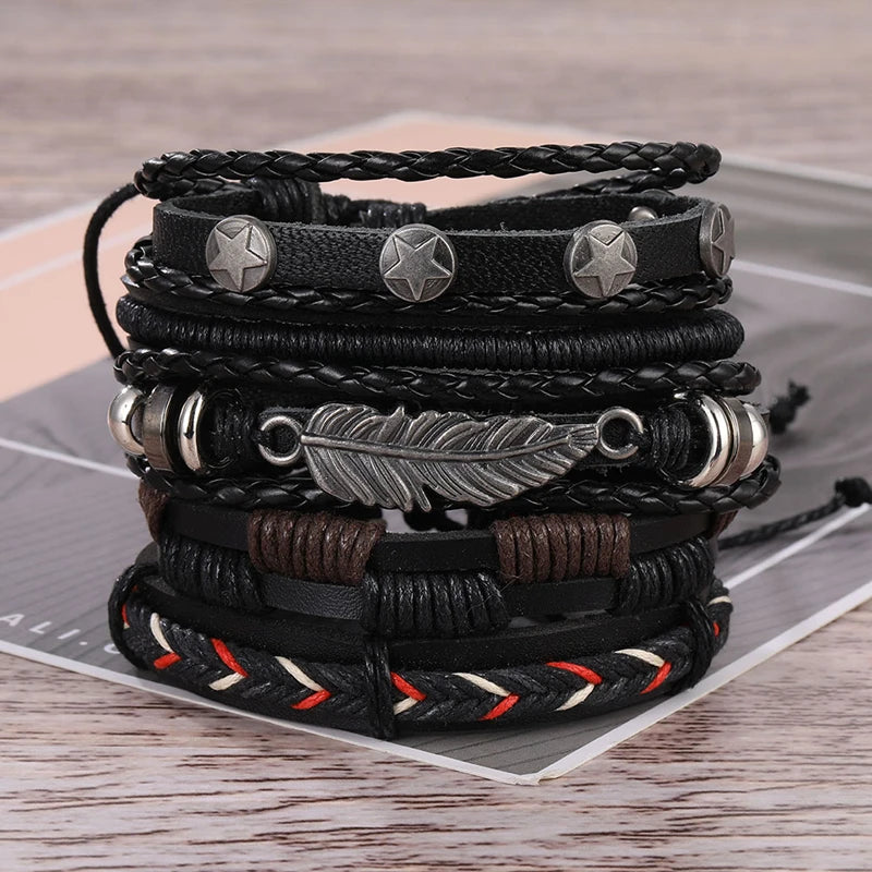 DAXI Mens Leather Bracelet Bracelets for Men Vintage Braclets Handmade Feather Leaf Bracelet Men Jewelry Adjustable Bracelet Set