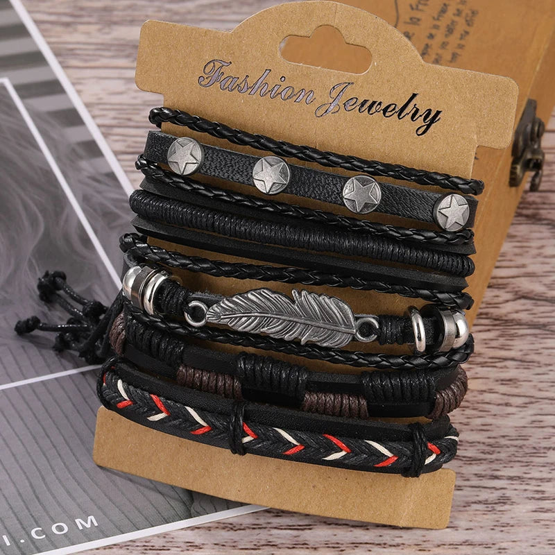 DAXI Mens Leather Bracelet Bracelets for Men Vintage Braclets Handmade Feather Leaf Bracelet Men Jewelry Adjustable Bracelet Set