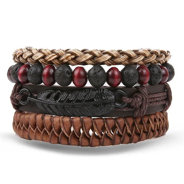 DAXI Mens Leather Bracelet Bracelets for Men Vintage Braclets Handmade Feather Leaf Bracelet Men Jewelry Adjustable Bracelet Set
