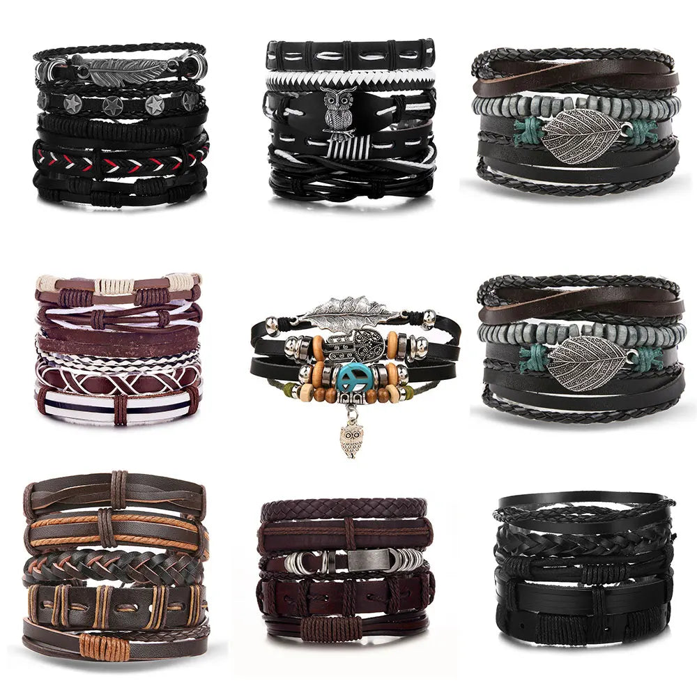 DAXI Mens Leather Bracelet Bracelets for Men Vintage Braclets Handmade Feather Leaf Bracelet Men Jewelry Adjustable Bracelet Set