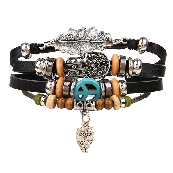 DAXI Mens Leather Bracelet Bracelets for Men Vintage Braclets Handmade Feather Leaf Bracelet Men Jewelry Adjustable Bracelet Set