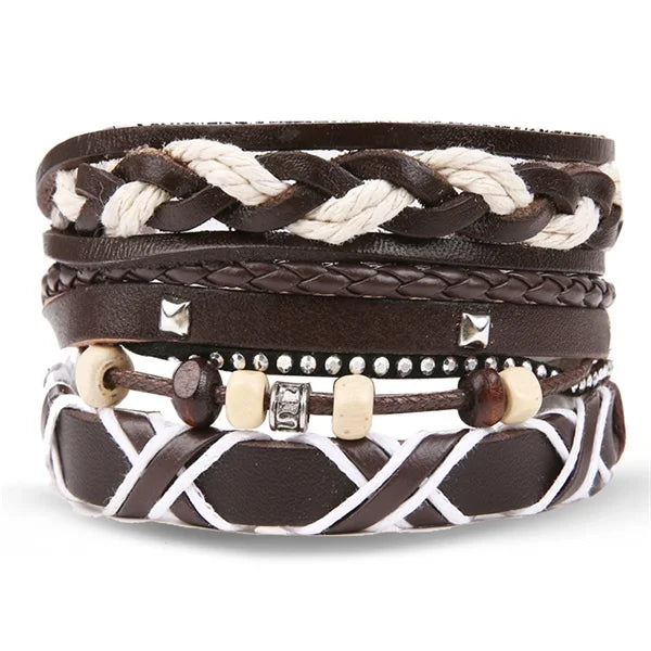 DAXI Mens Leather Bracelet Bracelets for Men Vintage Braclets Handmade Feather Leaf Bracelet Men Jewelry Adjustable Bracelet Set