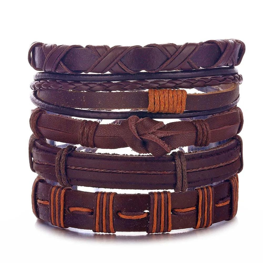 DAXI Mens Leather Bracelet Bracelets for Men Vintage Braclets Handmade Feather Leaf Bracelet Men Jewelry Adjustable Bracelet Set