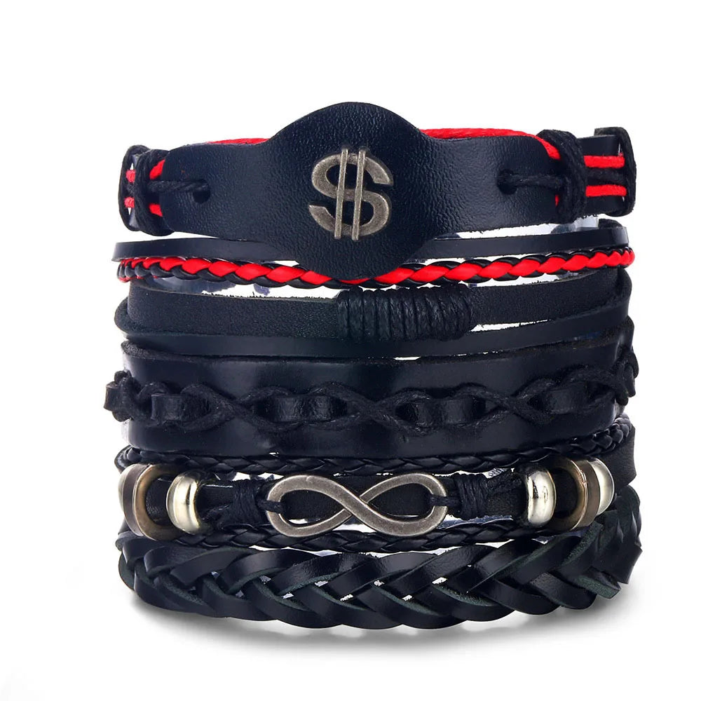 DAXI Mens Leather Bracelet Bracelets for Men Vintage Braclets Handmade Feather Leaf Bracelet Men Jewelry Adjustable Bracelet Set