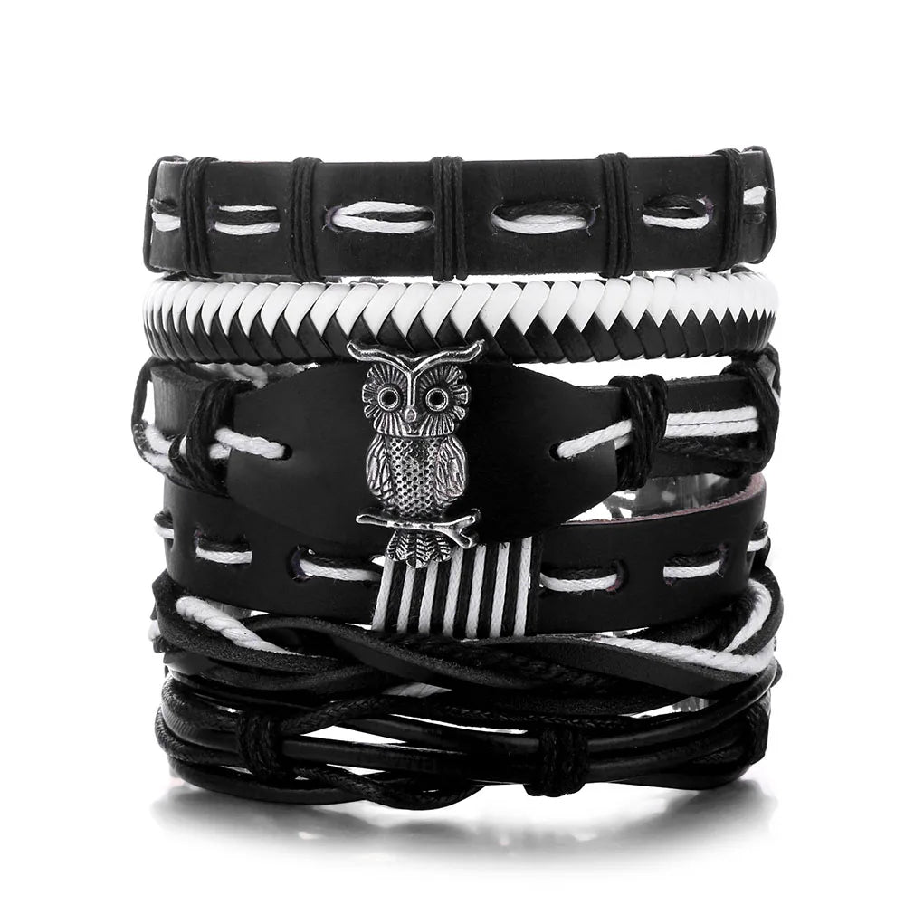 DAXI Mens Leather Bracelet Bracelets for Men Vintage Braclets Handmade Feather Leaf Bracelet Men Jewelry Adjustable Bracelet Set