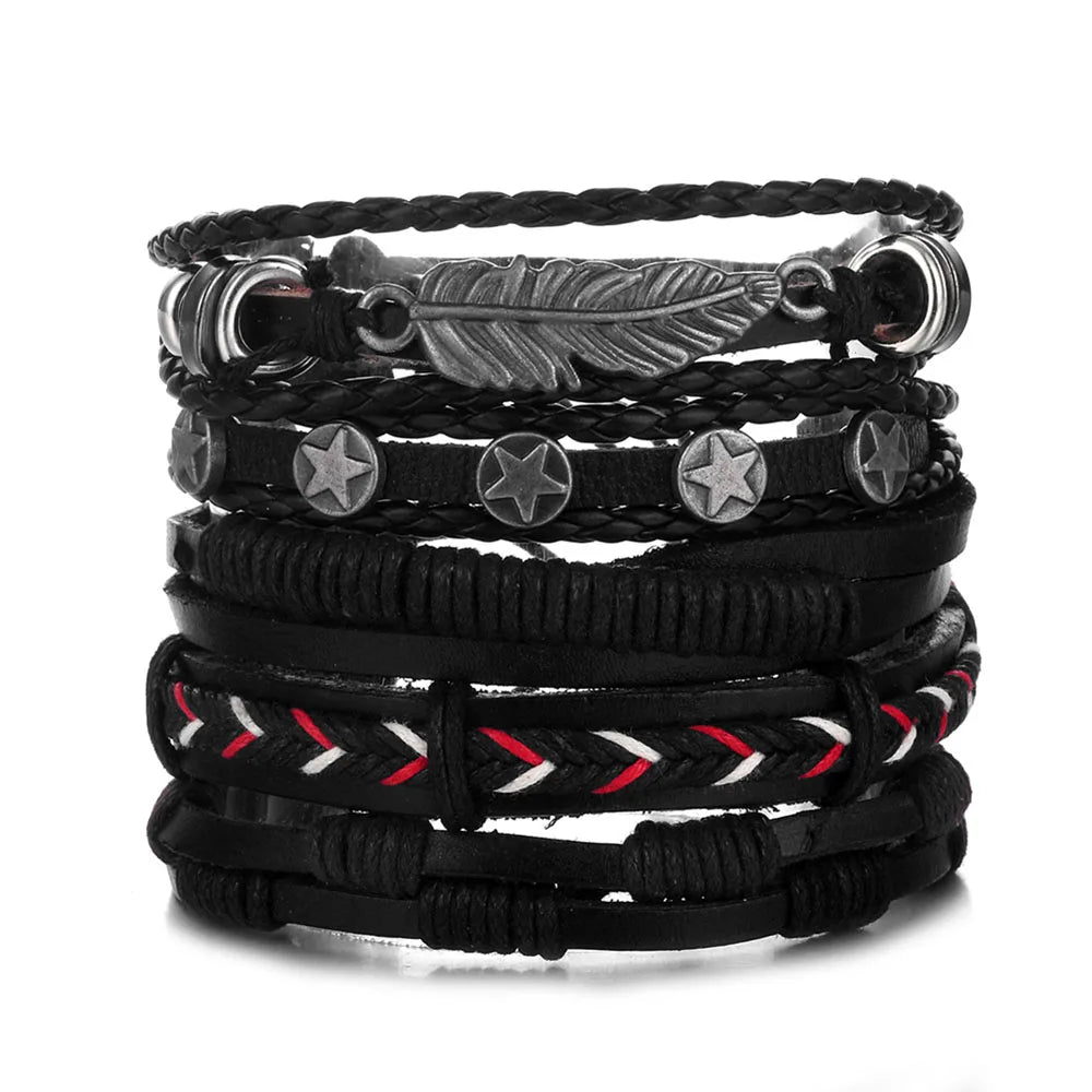 DAXI Mens Leather Bracelet Bracelets for Men Vintage Braclets Handmade Feather Leaf Bracelet Men Jewelry Adjustable Bracelet Set