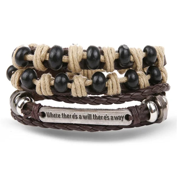 DAXI Mens Leather Bracelet Bracelets for Men Vintage Braclets Handmade Feather Leaf Bracelet Men Jewelry Adjustable Bracelet Set