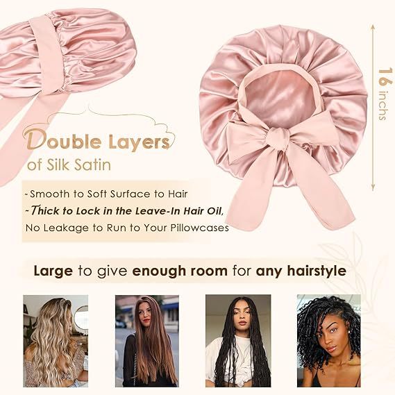 Double Layer Satin Sleep Bonnet with Tie Band – For Women & Curly Hair