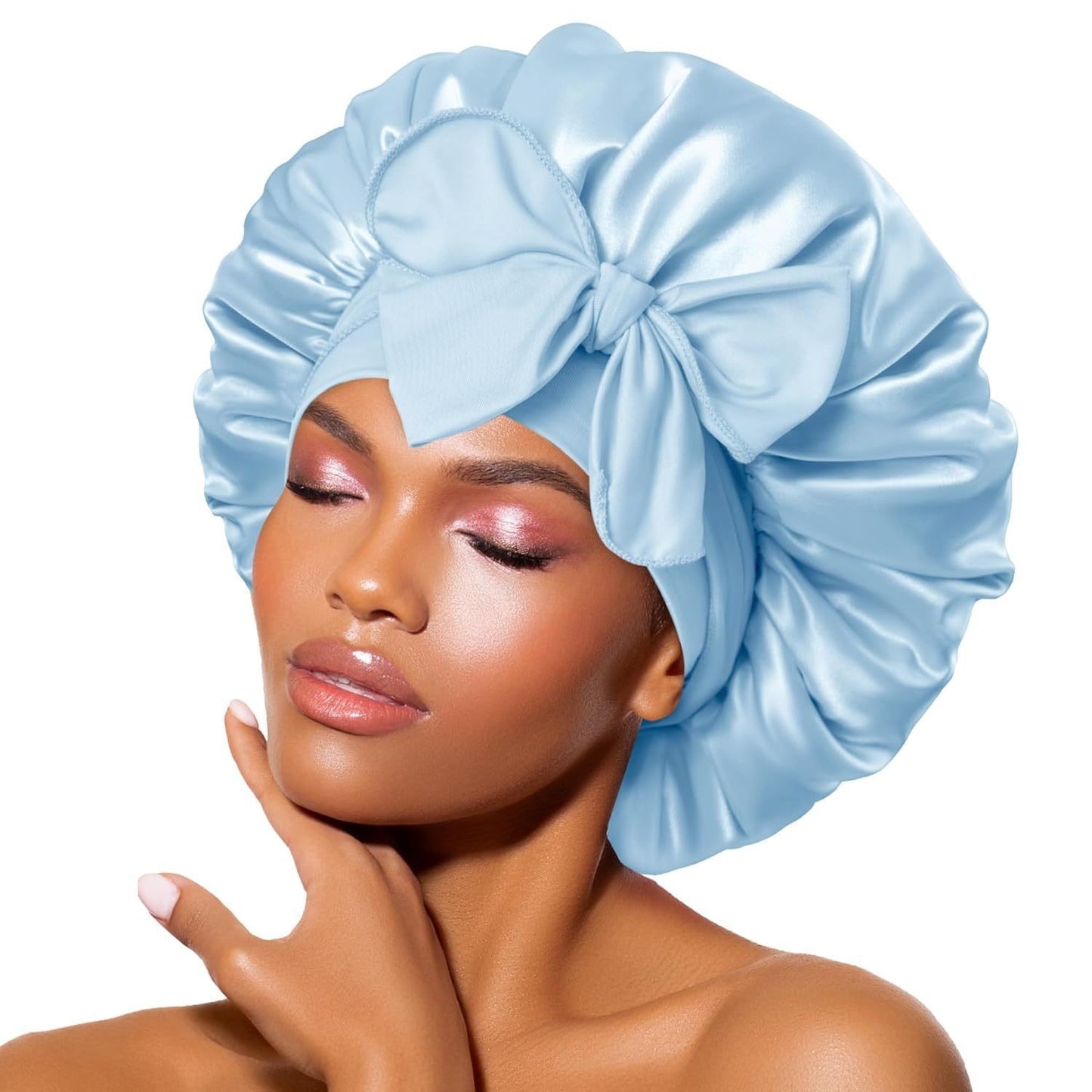 Double Layer Satin Sleep Bonnet with Tie Band – For Women & Curly Hair