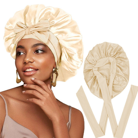 Double Layer Satin Sleep Bonnet with Tie Band – For Women & Curly Hair