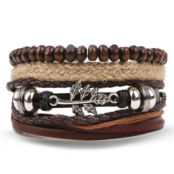DAXI Mens Leather Bracelet Bracelets for Men Vintage Braclets Handmade Feather Leaf Bracelet Men Jewelry Adjustable Bracelet Set