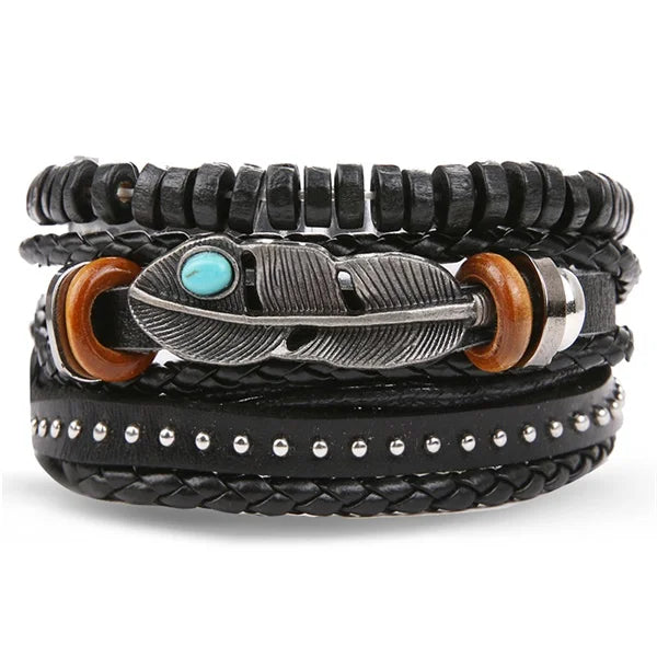 DAXI Mens Leather Bracelet Bracelets for Men Vintage Braclets Handmade Feather Leaf Bracelet Men Jewelry Adjustable Bracelet Set