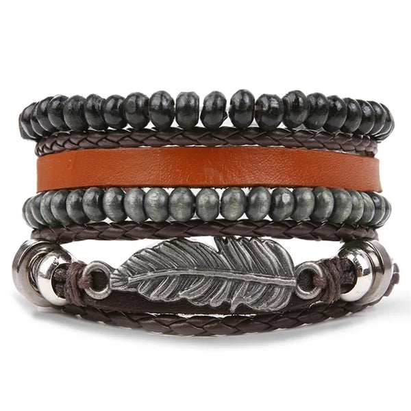DAXI Mens Leather Bracelet Bracelets for Men Vintage Braclets Handmade Feather Leaf Bracelet Men Jewelry Adjustable Bracelet Set