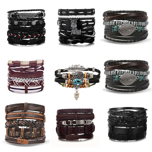 DAXI Mens Leather Bracelet Bracelets for Men Vintage Braclets Handmade Feather Leaf Bracelet Men Jewelry Adjustable Bracelet Set
