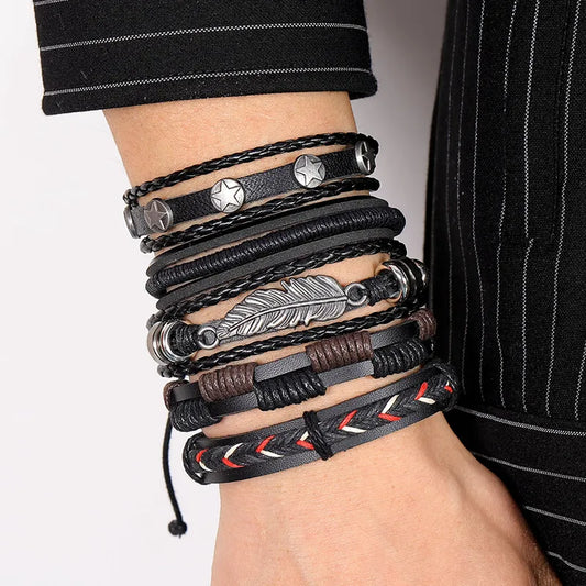 DAXI Mens Leather Bracelet Bracelets for Men Vintage Braclets Handmade Feather Leaf Bracelet Men Jewelry Adjustable Bracelet Set
