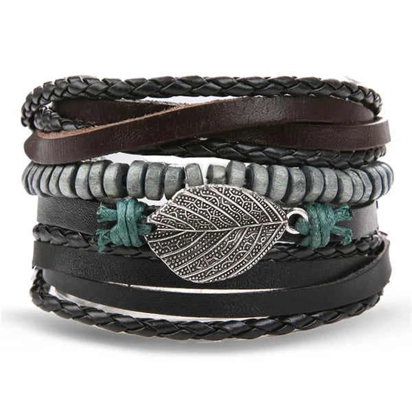 DAXI Mens Leather Bracelet Bracelets for Men Vintage Braclets Handmade Feather Leaf Bracelet Men Jewelry Adjustable Bracelet Set