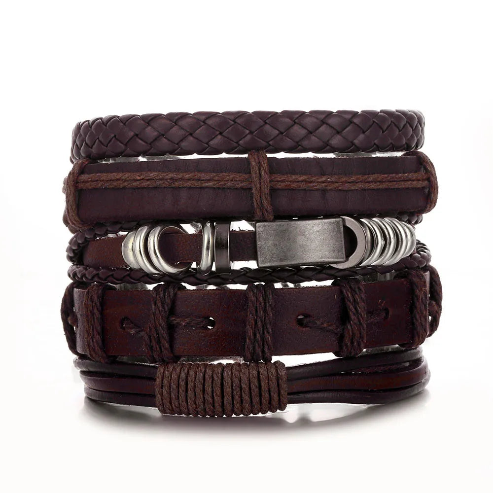 DAXI Mens Leather Bracelet Bracelets for Men Vintage Braclets Handmade Feather Leaf Bracelet Men Jewelry Adjustable Bracelet Set
