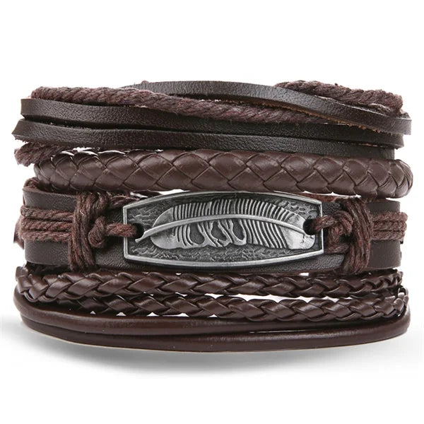 DAXI Mens Leather Bracelet Bracelets for Men Vintage Braclets Handmade Feather Leaf Bracelet Men Jewelry Adjustable Bracelet Set