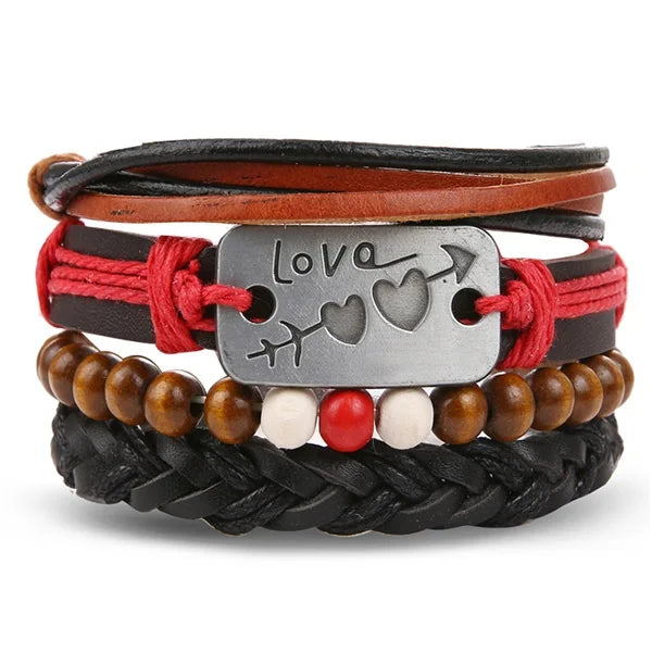 DAXI Mens Leather Bracelet Bracelets for Men Vintage Braclets Handmade Feather Leaf Bracelet Men Jewelry Adjustable Bracelet Set