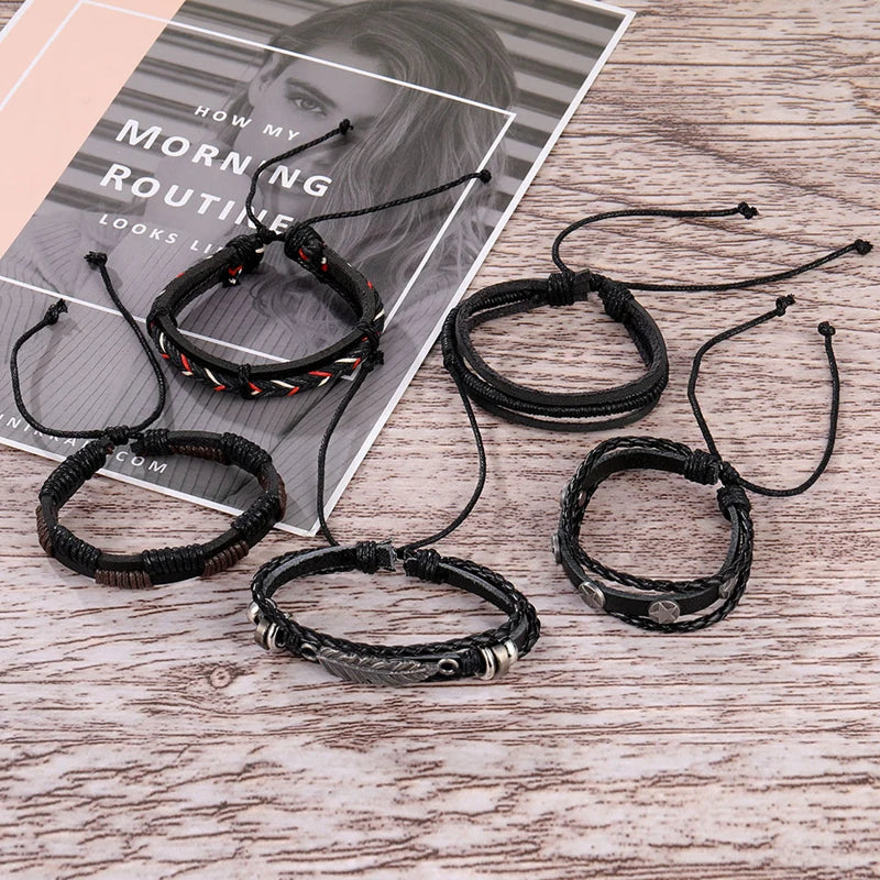 DAXI Mens Leather Bracelet Bracelets for Men Vintage Braclets Handmade Feather Leaf Bracelet Men Jewelry Adjustable Bracelet Set