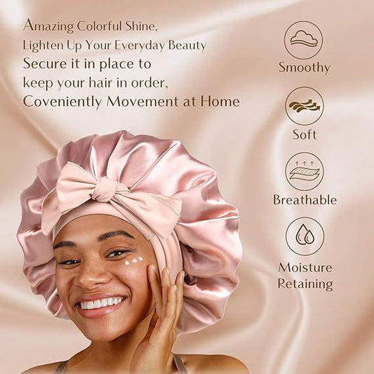 Double Layer Satin Sleep Bonnet with Tie Band – For Women & Curly Hair
